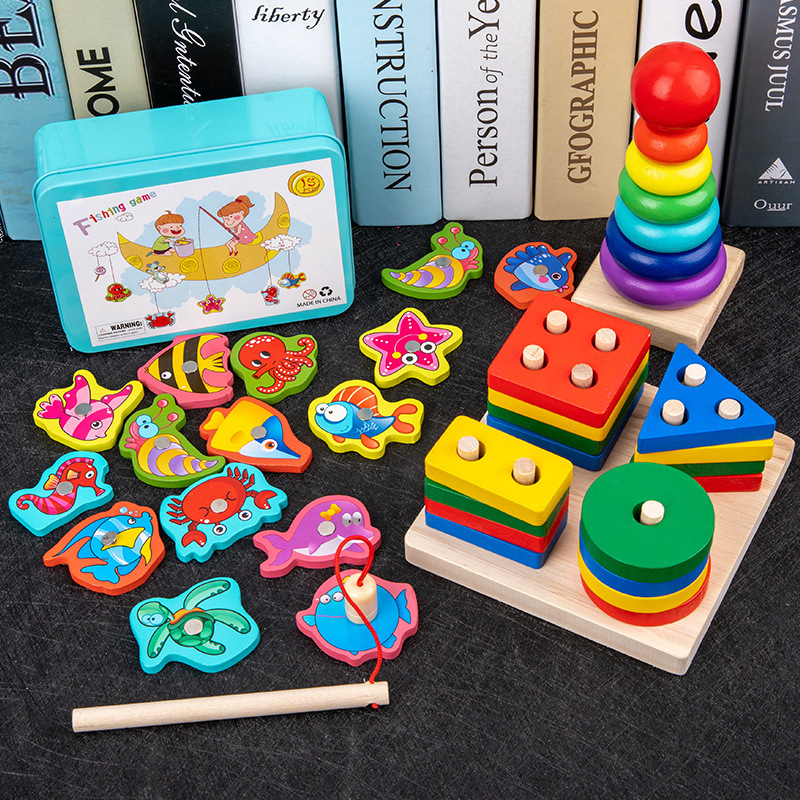 Infant Children&#039;s Eight-Tone Toy Piano Beaded Toy Worm Rainbow Tower Fishing Early Education Educational Wooden Toys