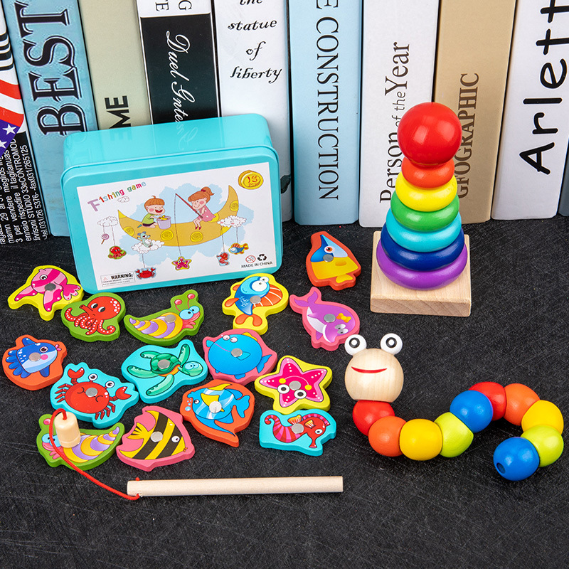 Infant Children&#039;s Eight-Tone Toy Piano Beaded Toy Worm Rainbow Tower Fishing Early Education Educational Wooden Toys