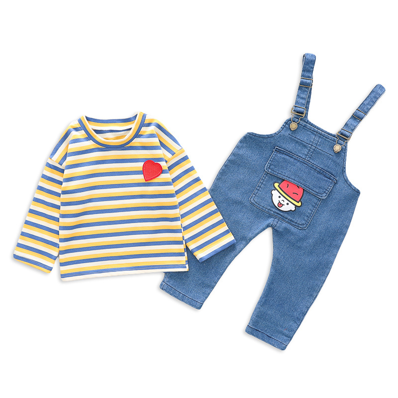 Autumn and Winter New Male Baby Clothes Love Romper Suspender Pants Two-Piece Cute Children&#039;s Clothing Baby Denim Suit