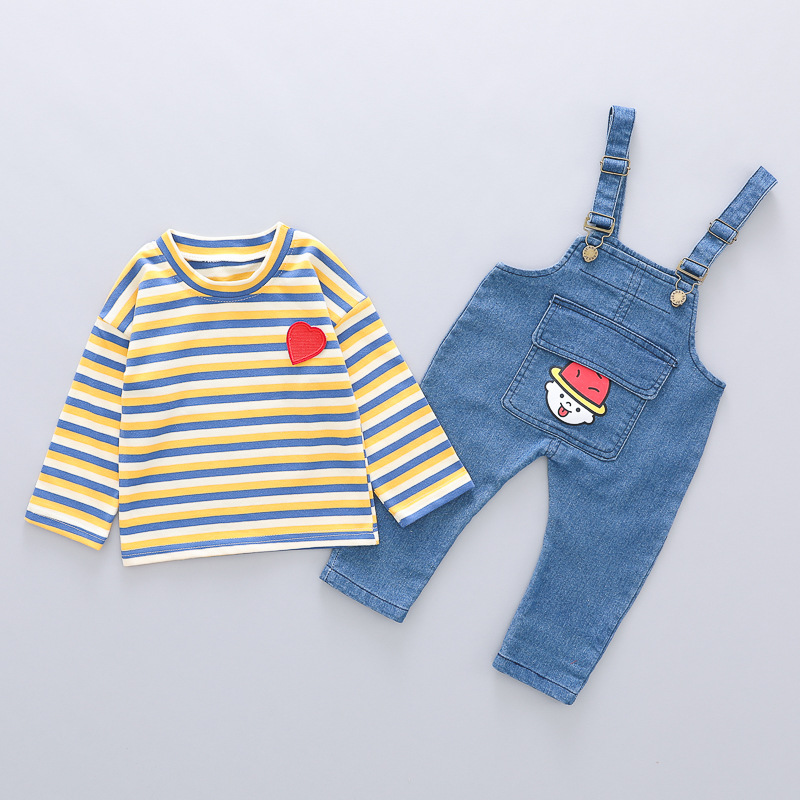 Autumn and Winter New Male Baby Clothes Love Romper Suspender Pants Two-Piece Cute Children's Clothing Baby Denim Suit Autumn and Winter New Male Baby Clothes Love Romper Suspender Pants Two-Piece Cute Children's Clothing Baby Denim Suit