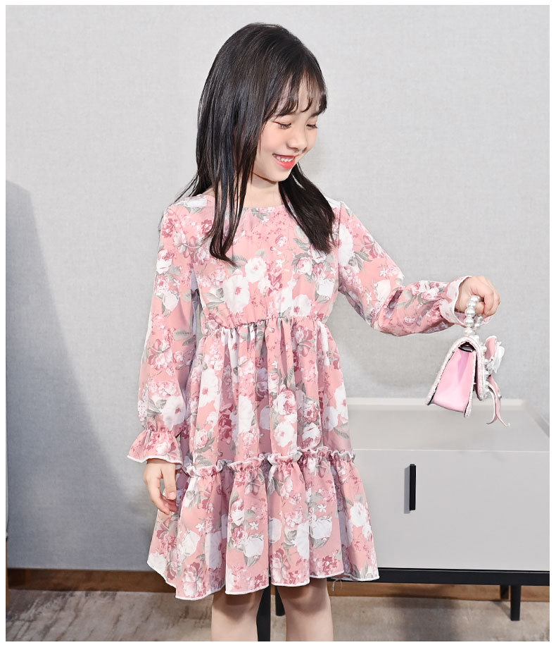 Girls Autumn Clothing Dress 2021 New Korean Style Children's Chiffon Long Sleeve Floral Princess Dress Baby Clothes Skirt
