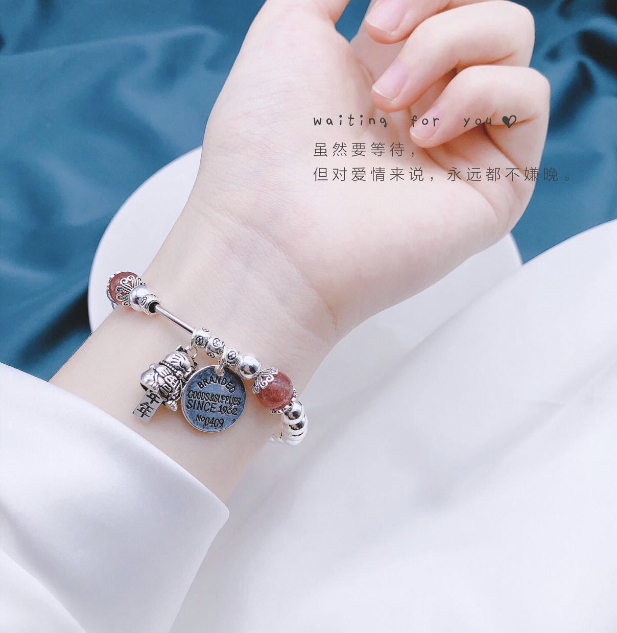 S925 Women&#039;s Sterling Silver Strawberry Quartz Lucky Cat Bracelet Imported Elastic String Fat and Thin Can Be Worn Ins Special-Interest Design