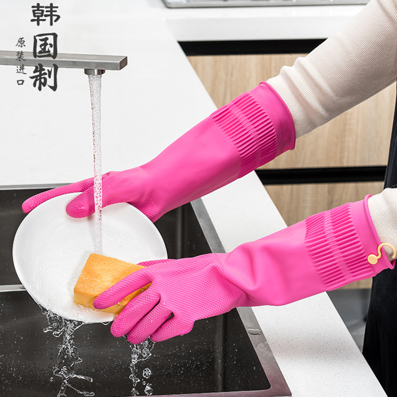 South Korea Imported Kitchen Dishwashing Gloves Rubber Thickened Cleaning Household Gloves Laundry Rubber Extended Waterproof Gloves