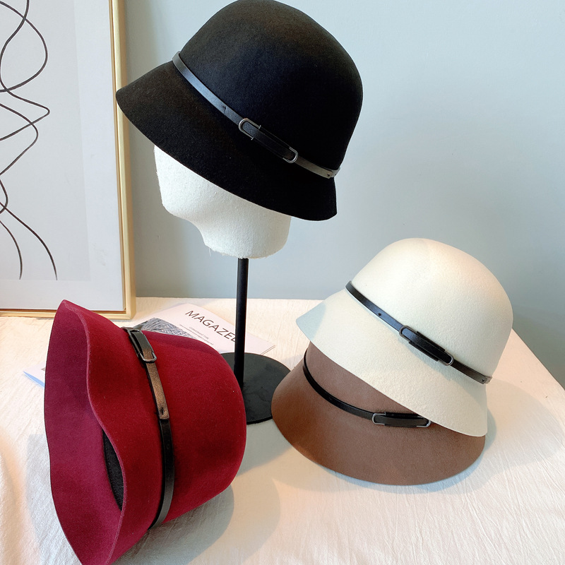 Autumn and Winter Australian Imported Wool Woolen Hat Women&#039;s Japanese Belt Hat All-Matching Solid Color Fisherman Hat Factory Wholesale