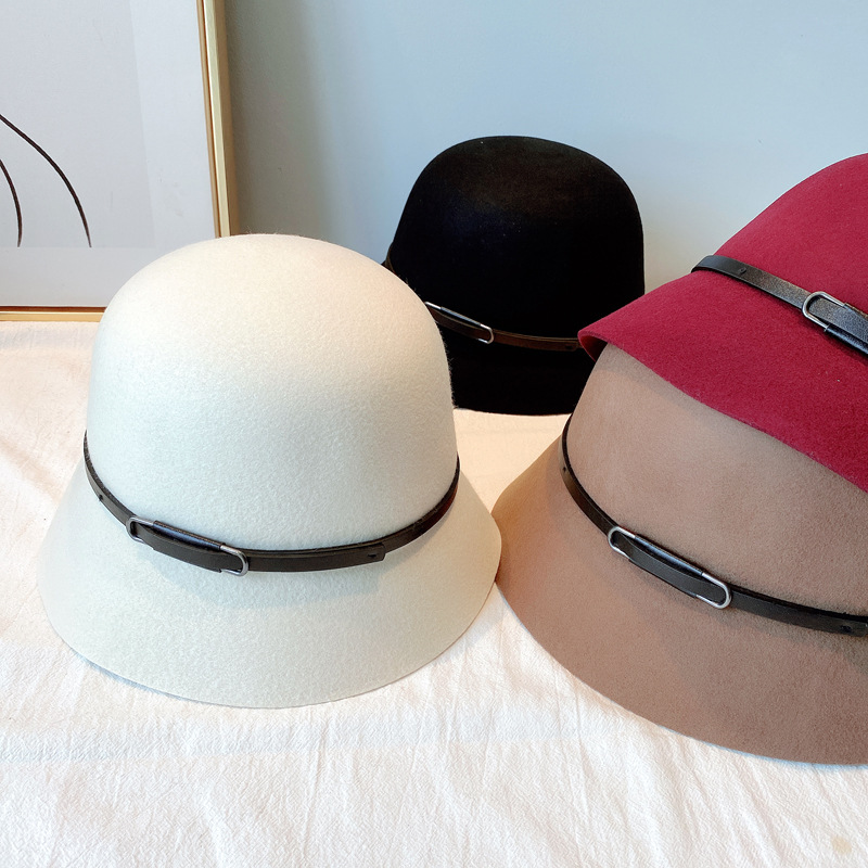 Autumn and Winter Australian Imported Wool Woolen Hat Women's Japanese Belt Hat All-Matching Solid Color Fisherman Hat Factory Wholesale