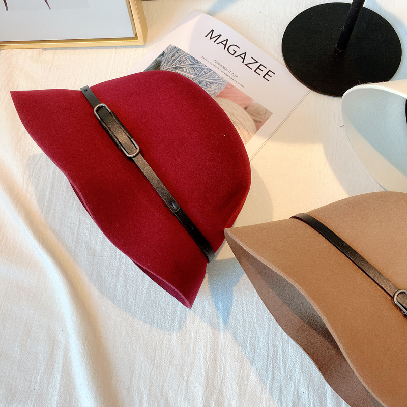 Autumn and Winter Australian Imported Wool Woolen Hat Women's Japanese Belt Hat All-Matching Solid Color Fisherman Hat Factory Wholesale