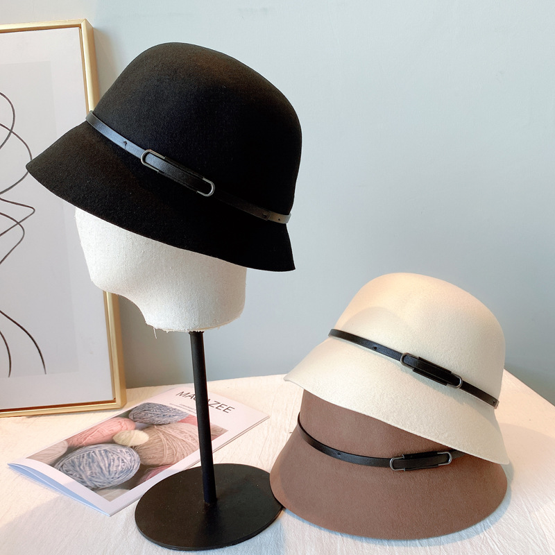 Autumn and Winter Australian Imported Wool Woolen Hat Women's Japanese Belt Hat All-Matching Solid Color Fisherman Hat Factory Wholesale