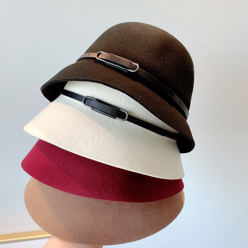 Autumn and Winter Australian Imported Wool Woolen Hat Women's Japanese Belt Hat All-Matching Solid Color Fisherman Hat Factory Wholesale
