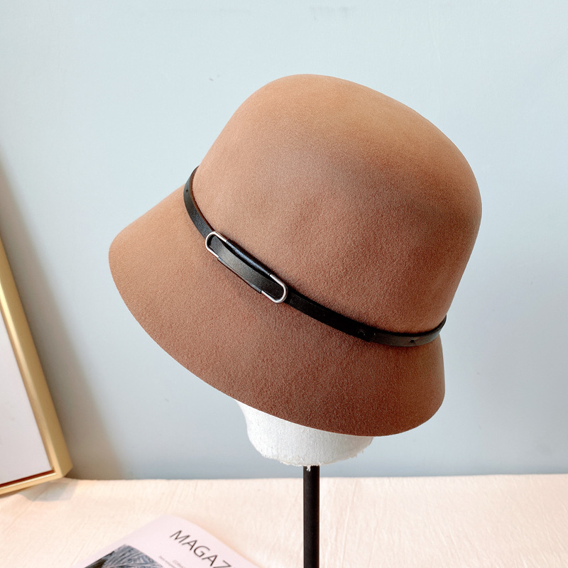 Autumn and Winter Australian Imported Wool Woolen Hat Women's Japanese Belt Hat All-Matching Solid Color Fisherman Hat Factory Wholesale