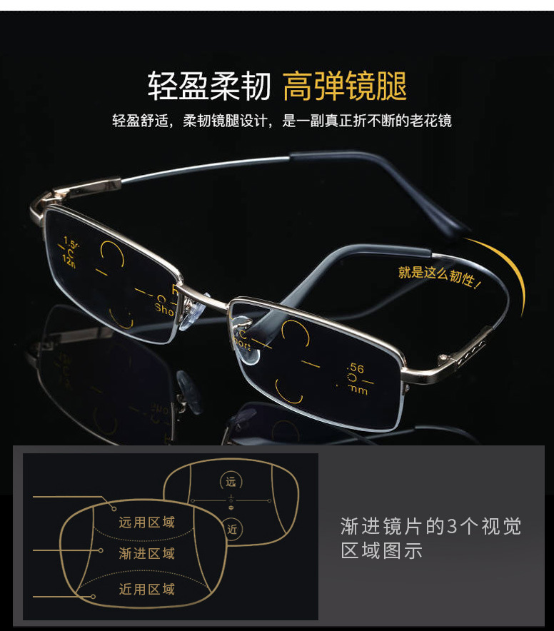 Smart Zoom Presbyopic Glasses Anti-Blue Light Multi-Focus Dual-Use Presbyopic Glasses Metal Reading Elderly Far-Sighted Glasses
