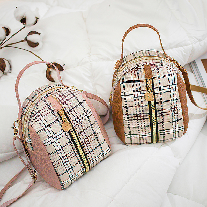 Korean Style Shell Shape Printed Zipper Small Backpack Foreign Trade Wholesale 2021 Summer New Plaid Personalized Mobile Phone Bag