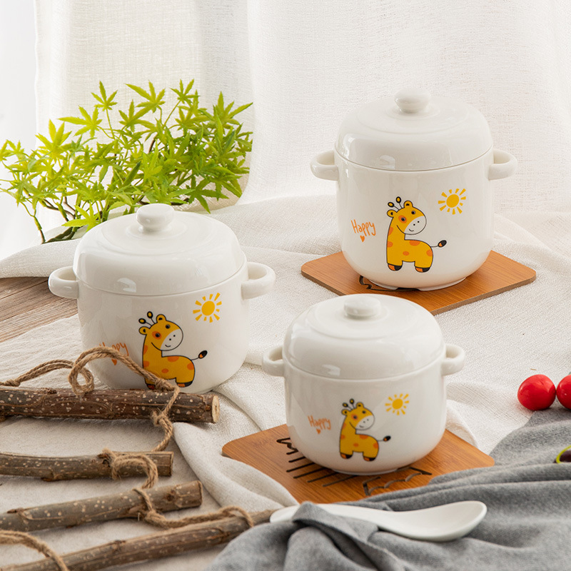 Ceramic Double Cover Slow Cooker Household Cute Giraffe Water-Proof Stew Pot Large, Medium And Small Cubilose Pot Steamed Egg Custard Binaural
