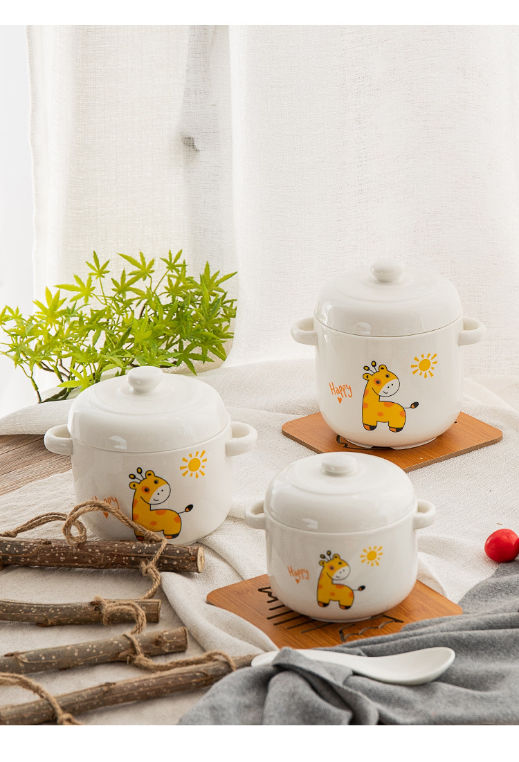 Ceramic Double Cover Slow Cooker Household Cute Giraffe Water-Proof Stew Pot Large, Medium And Small Cubilose Pot Steamed Egg Custard Binaural