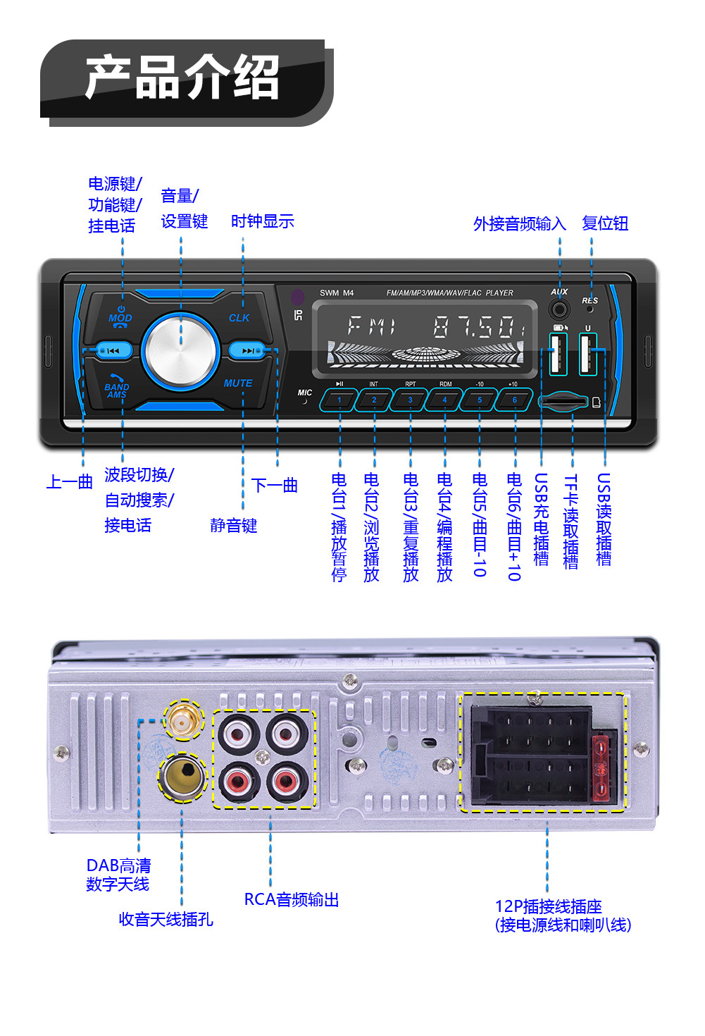 M4 New Dual USB Vehicular Bluetooth MP3 Player Colorful Light Plug-in USB Flash Disk Radio Support RDS Compatible with DAB + M4 New Dual USB Vehicular Bluetooth MP3 Player Colorful Light Plug-in USB Flash Disk Radio Support RDS Compatible with DAB +