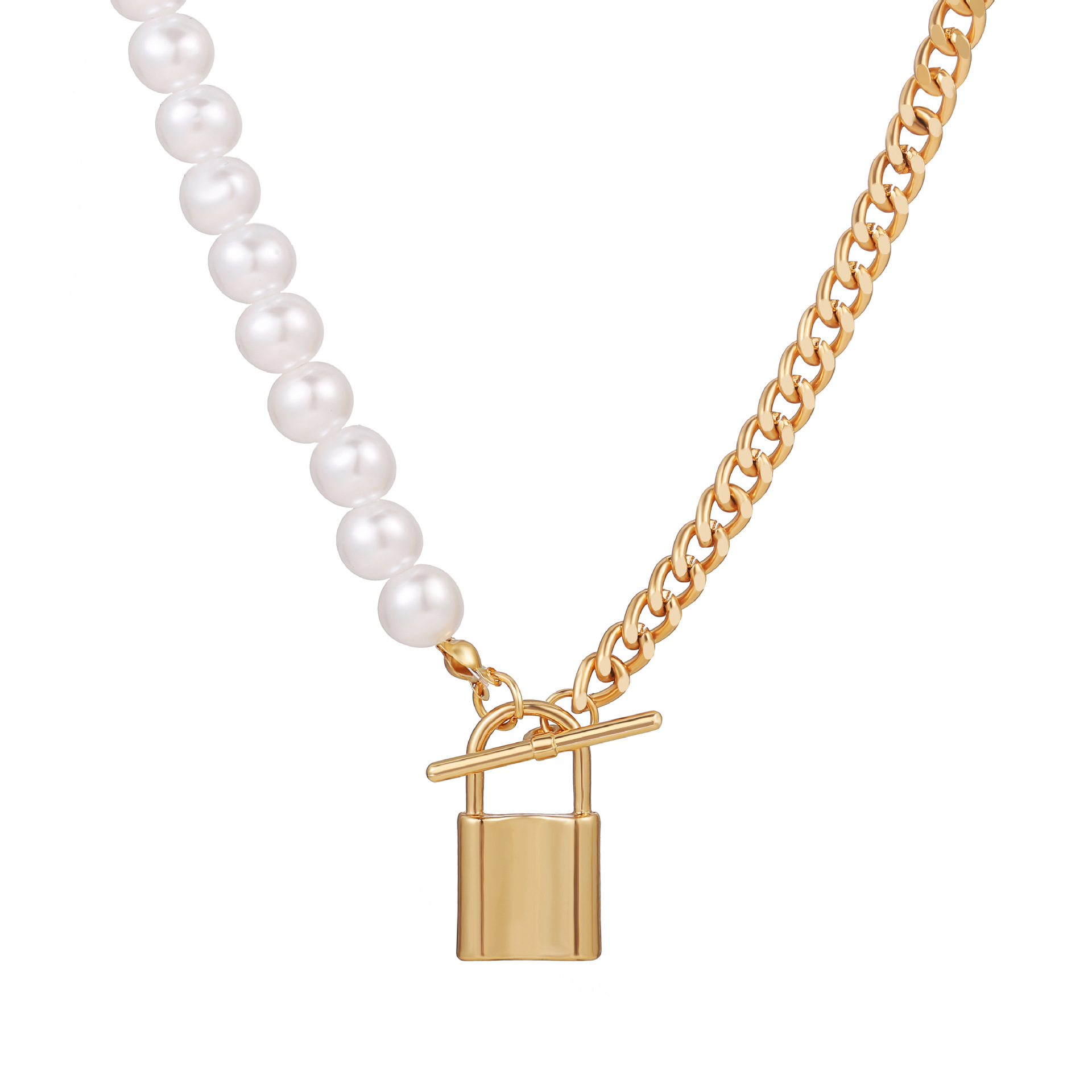 52096 Han Zhishang New Chain Clavicle Chain Europe and America Creative Vintage Metal Lock Pendant Artificial Pearl Necklace