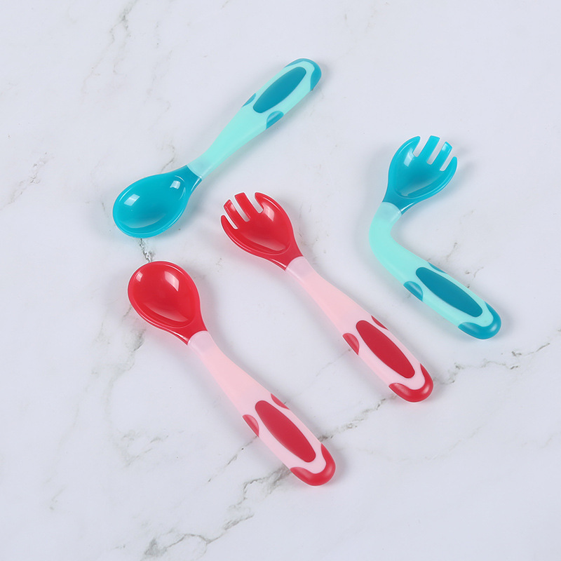 Cartoon Children&#039;s Twisted Spork Set Children&#039;s Tableware Temperature Sensing Curved Spoon Baby Silicone Temperature Sensing Knife, Fork and Spoon Spork