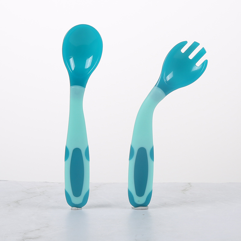 Cartoon Children&#039;s Twisted Spork Set Children&#039;s Tableware Temperature Sensing Curved Spoon Baby Silicone Temperature Sensing Knife, Fork and Spoon Spork