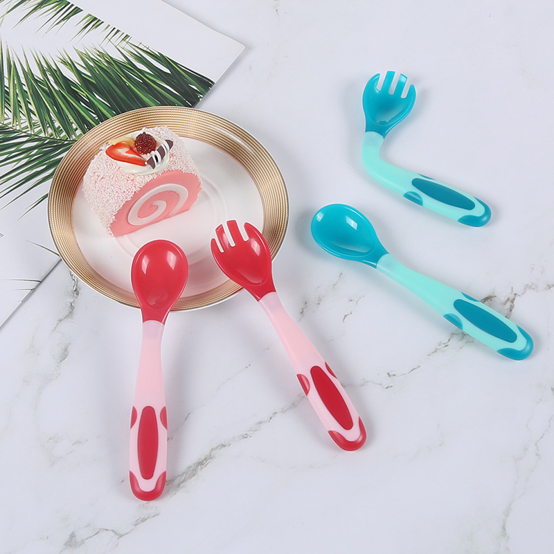 Cartoon Children&#039;s Twisted Spork Set Children&#039;s Tableware Temperature Sensing Curved Spoon Baby Silicone Temperature Sensing Knife, Fork and Spoon Spork