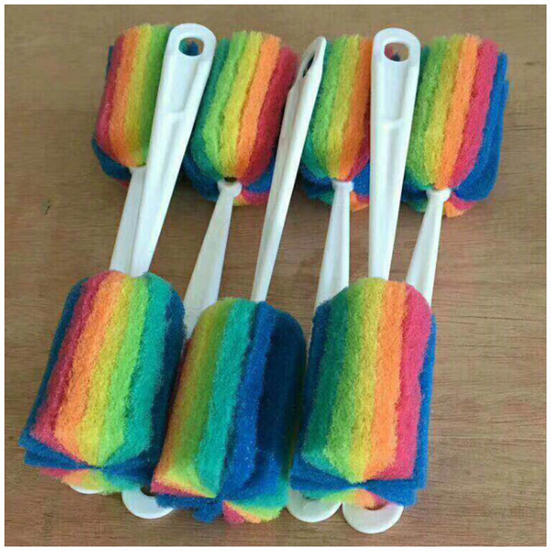 Long handle cup brush clean milk bottle fashionable cloth cup brush sponge brush water cup rainbow color brush