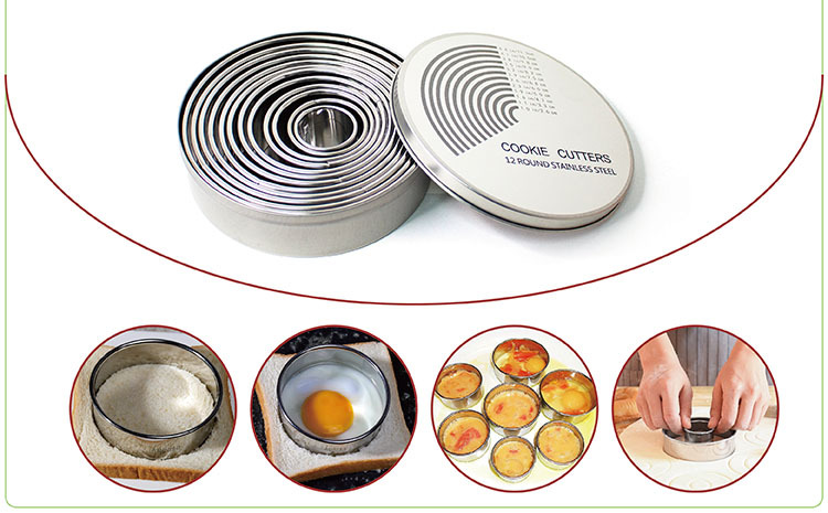 Stainless Steel round Cookie Cutter Die 12-Piece Set Mousse Mold Cake Mold Chocolate Steamed Bread Baking Mold