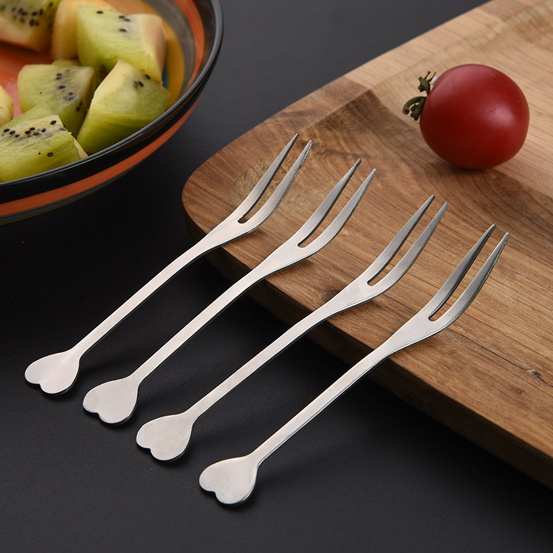 Heart Shape Stainless Steel Fruit Fork Household Fruit Toothpick Two-Tooth Fork Cake Pastry Fork Fruit Two-Pronged Fork