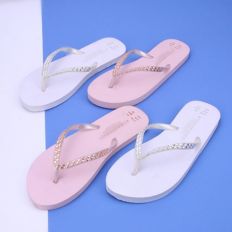 Foreign Trade Summer New Sandals Women&#039;s Shoes Fashion Handmade Stick-on Crystals Beach Shoes Flip-Flops Source Factory Customization