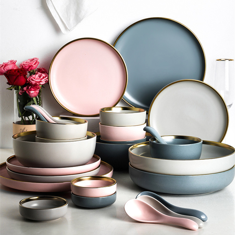 matte European gold phnom Penh ceramic tableware household rice bowl plate dish noodles bowl soup bowl shallow dish
