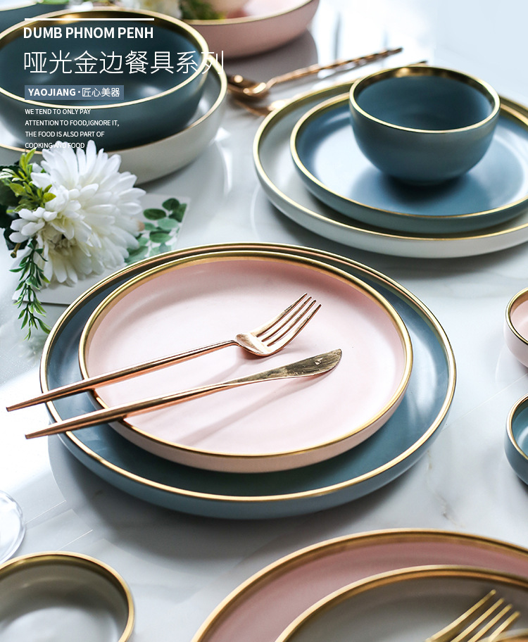 matte European gold phnom Penh ceramic tableware household rice bowl plate dish noodles bowl soup bowl shallow dish matte European gold phnom Penh ceramic tableware household rice bowl plate dish noodles bowl soup bowl shallow dish