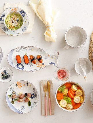 Snowflake Creative Japanese Style Hand Drawn Ceramic Bowl Plate Rice Bowl Simple Noodle Bowl Soup Bowl Dish Small Spoon