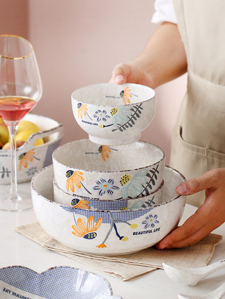 Snowflake Creative Japanese Style Hand Drawn Ceramic Bowl Plate Rice Bowl Simple Noodle Bowl Soup Bowl Dish Small Spoon