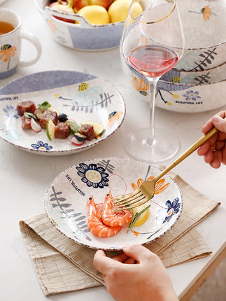 Snowflake Creative Japanese Style Hand Drawn Ceramic Bowl Plate Rice Bowl Simple Noodle Bowl Soup Bowl Dish 8.5-Inch Korean Soup Bowl