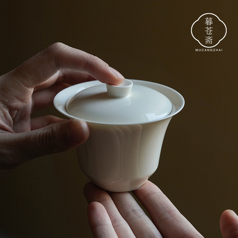 Twilight Cangzhai Jingdezhen Handmade Thin Tire Apricot White Cover Bowl Kung Fu Tea Set Tea Cup Tea Bowl