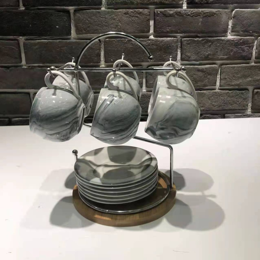 Stone Pattern 6 Cups 6 Plates Coffee Set Set Ceramic Cup Ceramic Plate Home Gifts for Personal Use Give Company Benefits