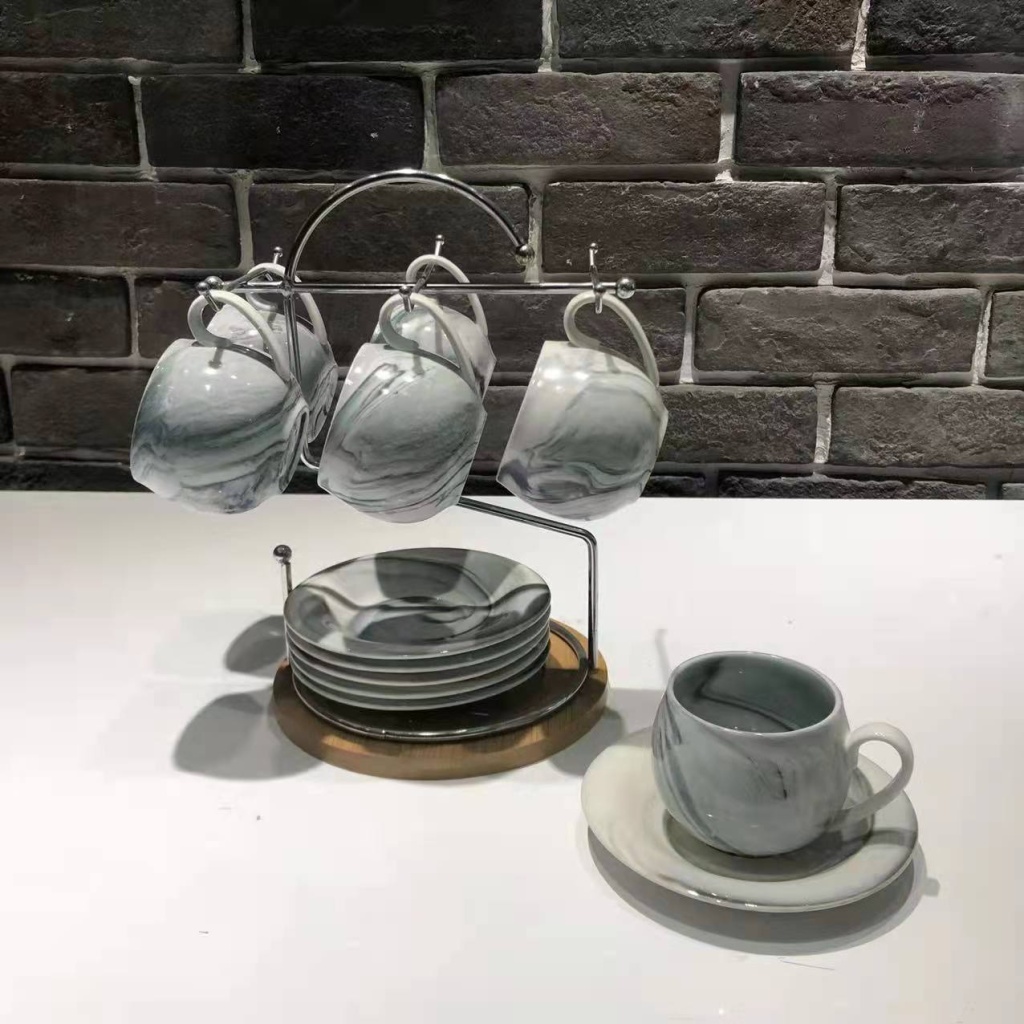 Stone Pattern 6 Cups 6 Plates Coffee Set Set Ceramic Cup Ceramic Plate Home Gifts for Personal Use Give Company Benefits