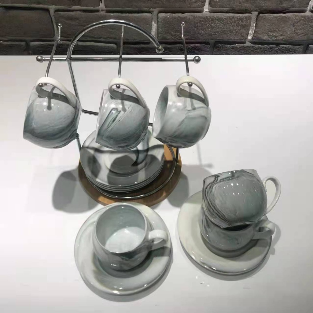 Stone Pattern 6 Cups 6 Plates Coffee Set Set Ceramic Cup Ceramic Plate Home Gifts for Personal Use Give Company Benefits