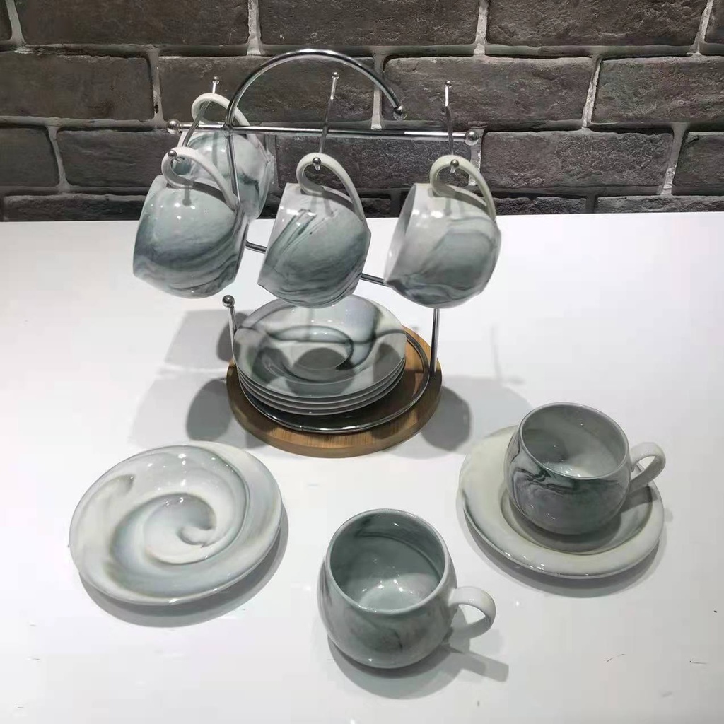 Stone Pattern 6 Cups 6 Plates Coffee Set Set Ceramic Cup Ceramic Plate Home Gifts for Personal Use Give Company Benefits