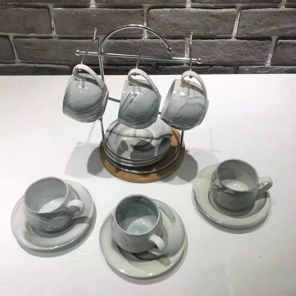 Stone Pattern 6 Cups 6 Plates Coffee Set Set Ceramic Cup Ceramic Plate Home Gifts for Personal Use Give Company Benefits