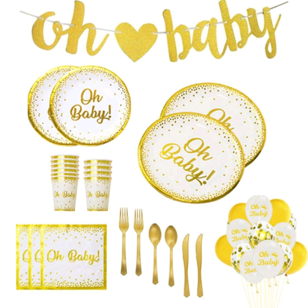 Party Decoration Supplies Hot Gold Foil Plate Oh Baby! Disposable Tableware Suit Bronzing Knife, Fork and Spoon Paper Cup Plate