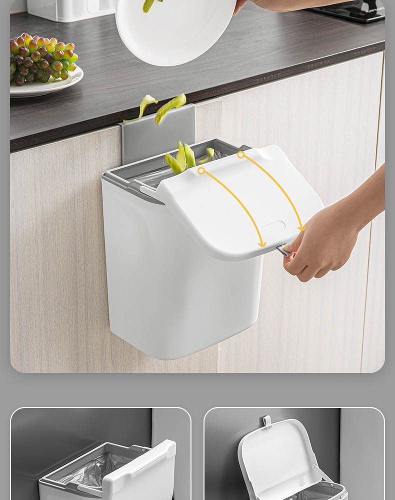 Kitchen Trash Can Household Kitchen Wall-Mounted Cabinet Door Kitchen Waste Storage Bucket Toilet Bathroom with Lid