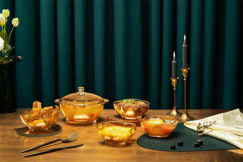 Heat-Resistant Golden Tableware Glass Bowl Plate Amber Pot Gift Set New Year's Day National Day Mid-Autumn Festival Dragon Boat Festival Gift