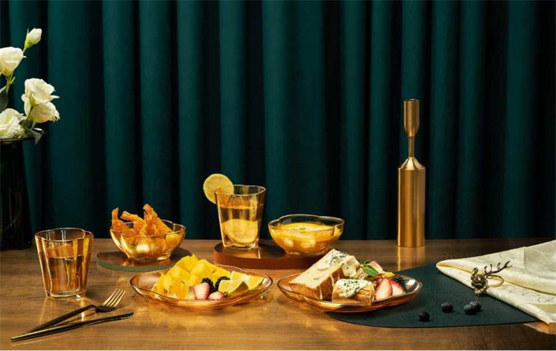 Heat-Resistant Golden Tableware Glass Bowl Plate Amber Pot Gift Set New Year's Day National Day Mid-Autumn Festival Dragon Boat Festival Gift
