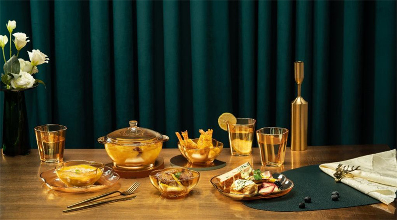 Heat-Resistant Golden Tableware Glass Bowl Plate Amber Pot Gift Set New Year's Day National Day Mid-Autumn Festival Dragon Boat Festival Gift