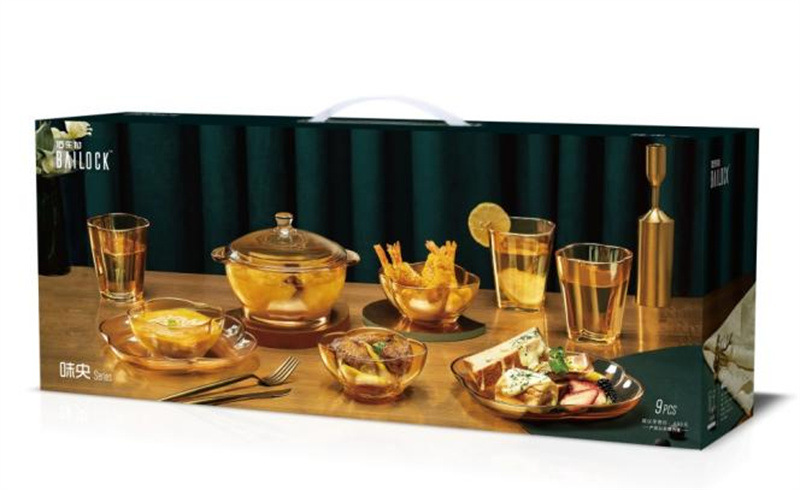 Heat-Resistant Golden Tableware Glass Bowl Plate Amber Pot Gift Set New Year's Day National Day Mid-Autumn Festival Dragon Boat Festival Gift