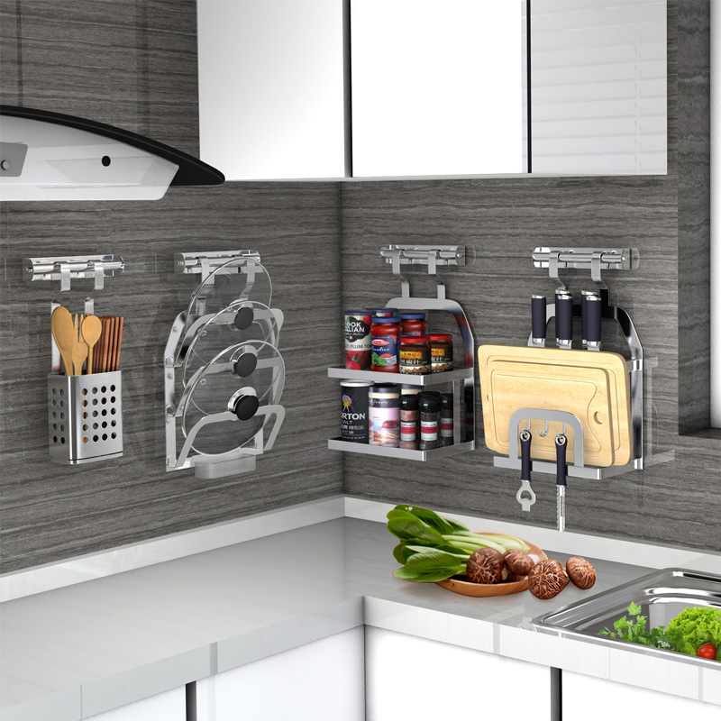 Stainless Steel Kitchen Storage Rack Wall-Mounted Pot Cover Rack Chopsticks Bowl Dish Storage Rack Seasoning Rack Wall-Mounted Punching-Free