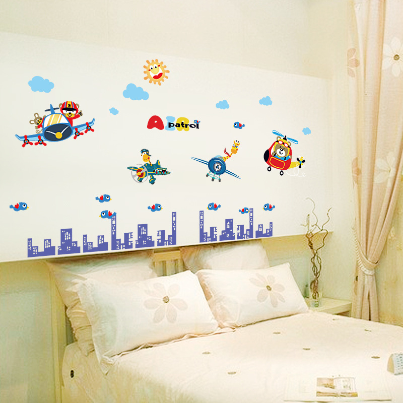 Cartoon Animal Pilot Wall Stickers Bedroom Children&#039;s Room Bedside Table Door Wall Decoration Aircraft Stickers