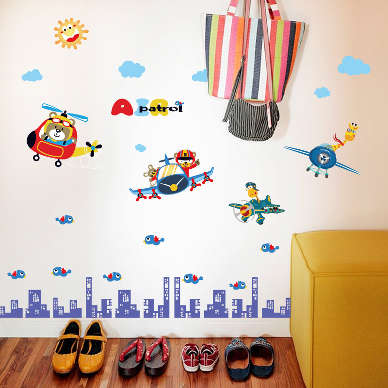 Cartoon Animal Pilot Wall Stickers Bedroom Children&#039;s Room Bedside Table Door Wall Decoration Aircraft Stickers