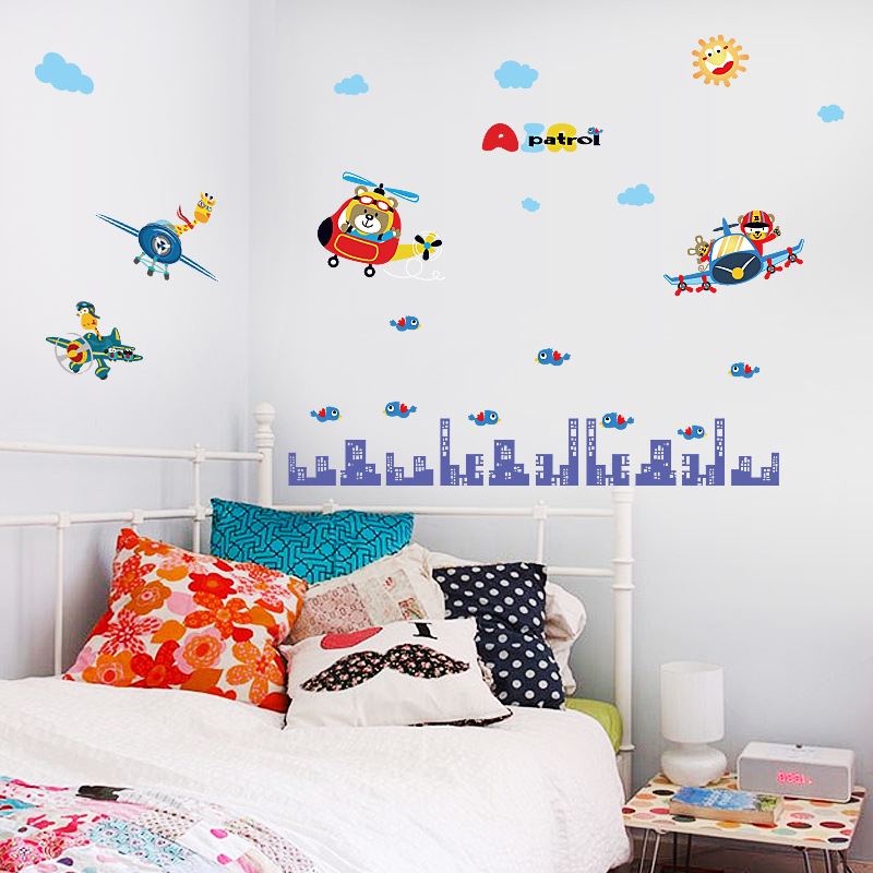Cartoon Animal Pilot Wall Stickers Bedroom Children&#039;s Room Bedside Table Door Wall Decoration Aircraft Stickers