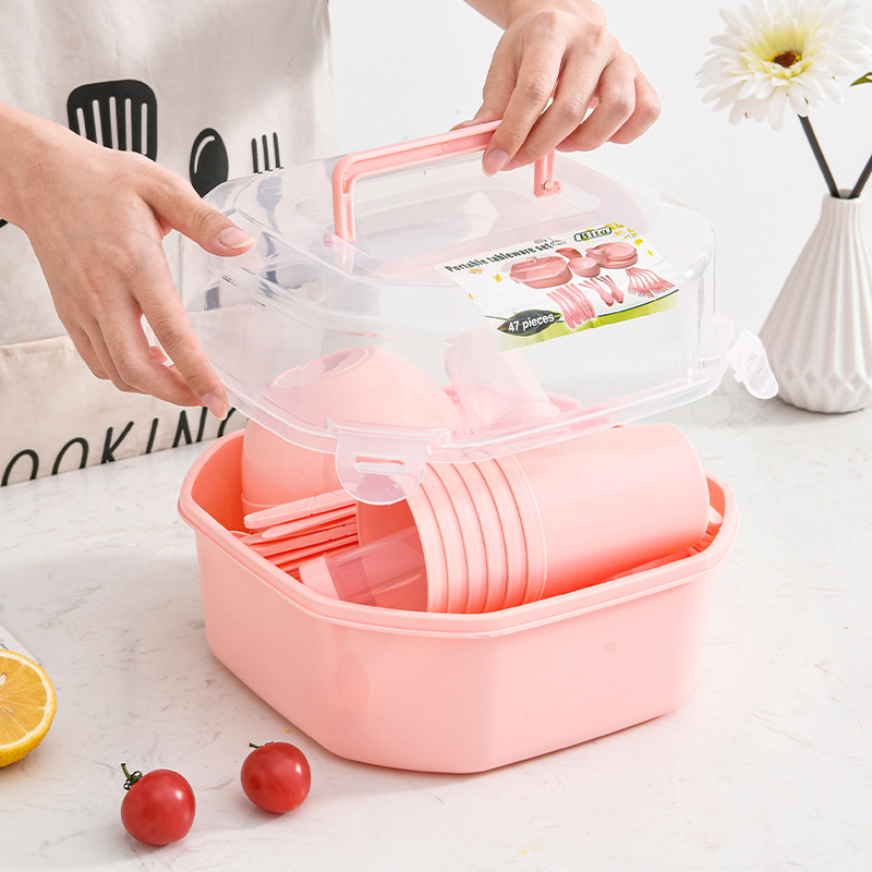 Portable Tableware Pink 47-Piece Set Camping Picnic Plastic Tableware Set Knife, Fork and Spoon