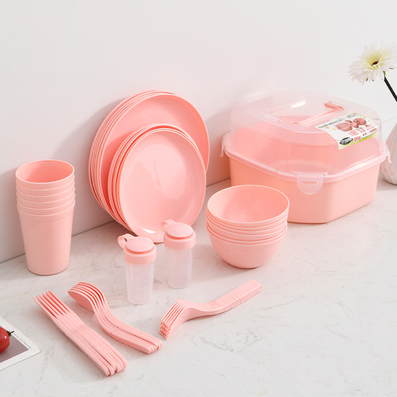 Portable Tableware Pink 47-Piece Set Camping Picnic Plastic Tableware Set Knife, Fork and Spoon
