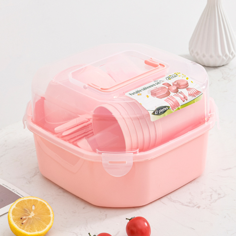 Portable Tableware Pink 47-Piece Set Camping Picnic Plastic Tableware Set Knife, Fork and Spoon